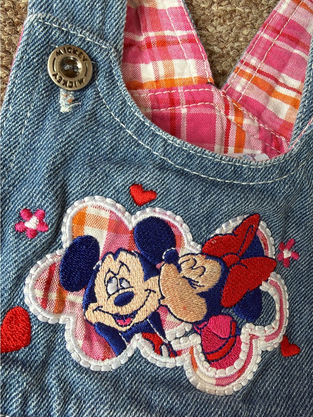 Vintage Disney Denim Overall Dress with Minnie & Pink Plaid Lining - Picture 2 of 4